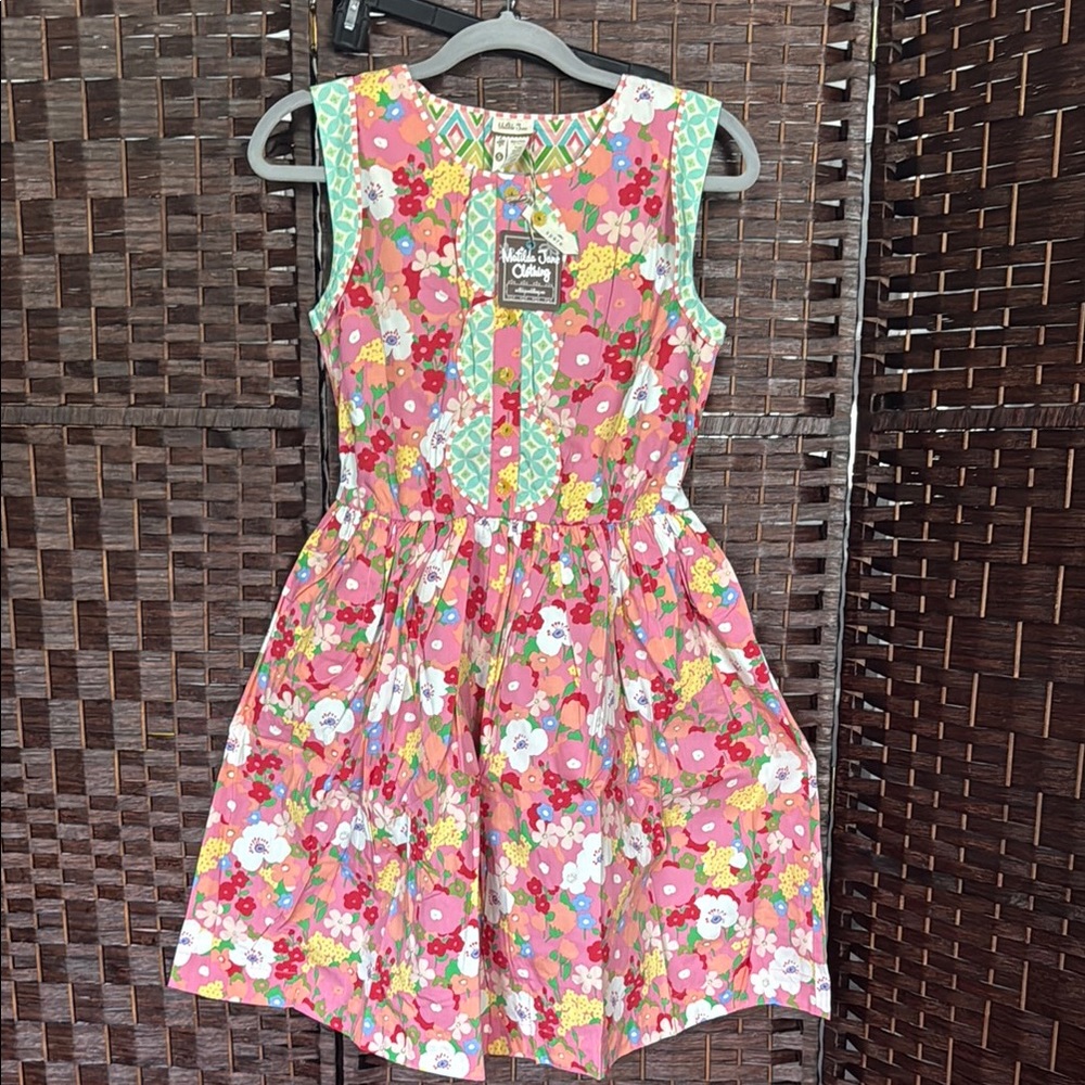 Matilda Jane wonderful Parade Leah Dress Pink flowers aqua trim NWT S M cotton